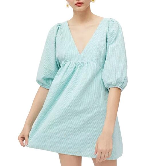 Urban Outfitters S Charlotte Seersucker Mini Dress Puff Sleeve Frock Green - Picture 1 of 10